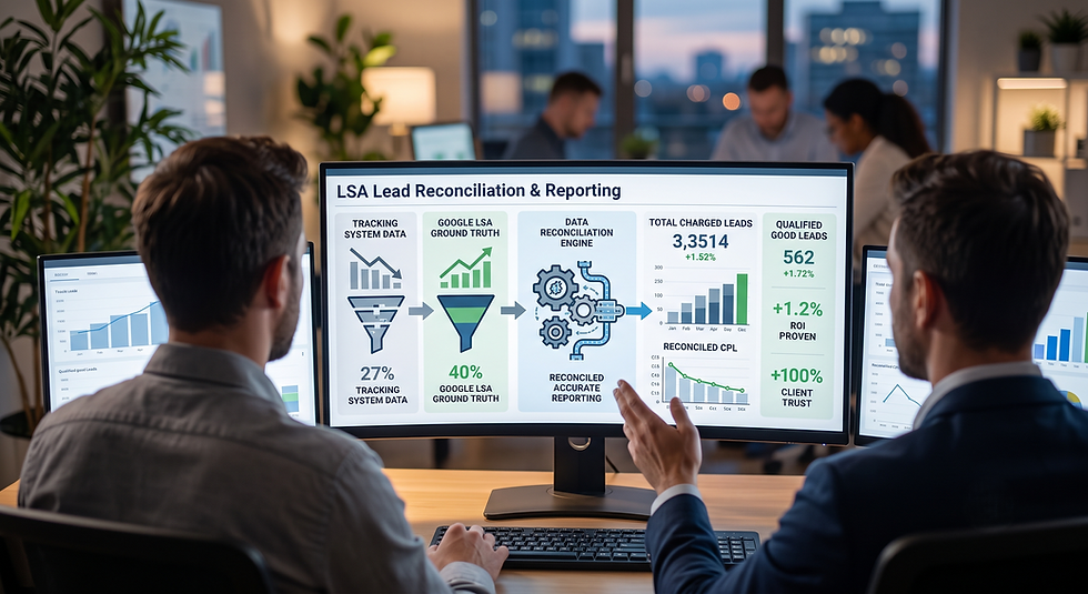 Two men in an office review a monitor showing LSA Lead Reconciliation & Reporting dashboard with charts, metrics, and arrows.