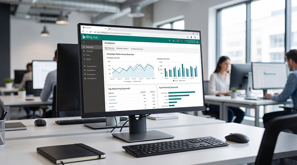 Office desk with monitor showing Bing Ads dashboard charts, keyboard and mouse in foreground, coworkers blurred in bright workspace
