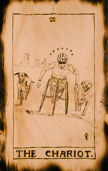A wheelchair racer surges forward with determination, flanked by two running dogs. Seven stars form a halo above his head, symbolizing triumph and inner power.