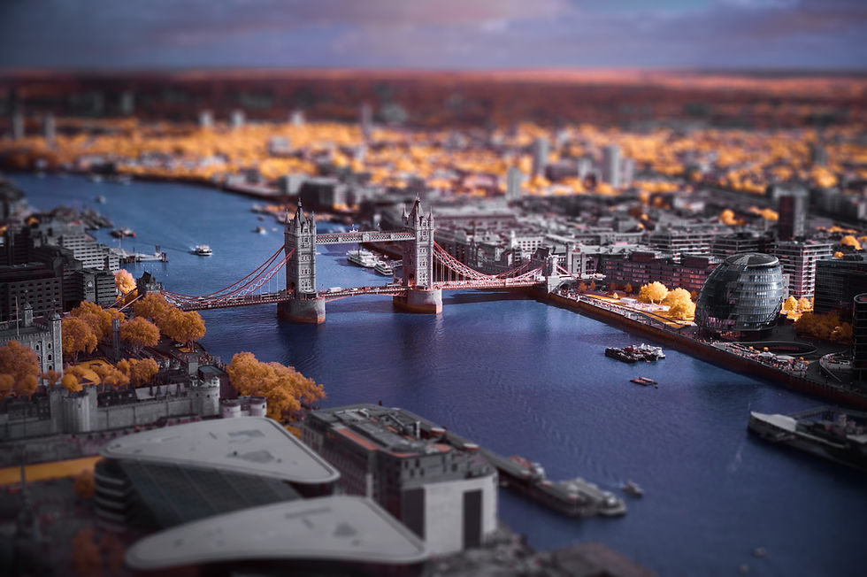 A false-colour infrared, fake tilt-shift photo of Tower Bridge, on the Thames, London