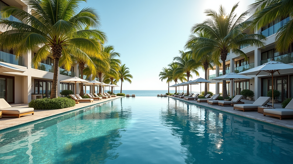 Wide angle view of a luxury resort pool surrounded by palm trees