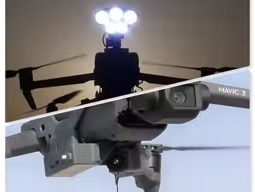 DJI mavic 3 drone is seen in the air hovering with payload release and drop device from Drone Sky Hook attached to it and in another image a drone with 5 beam searchlight attached to it
