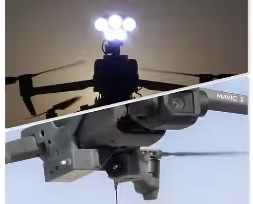DJI mavic 3 drone is seen in the air hovering with payload release and drop device from Drone Sky Hook attached to it and in another image a drone with 5 beam searchlight attached to it 