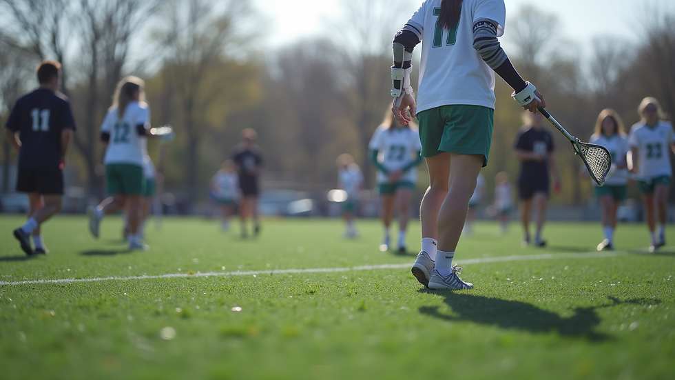 Eye-level view of a lacrosse field with players in action
