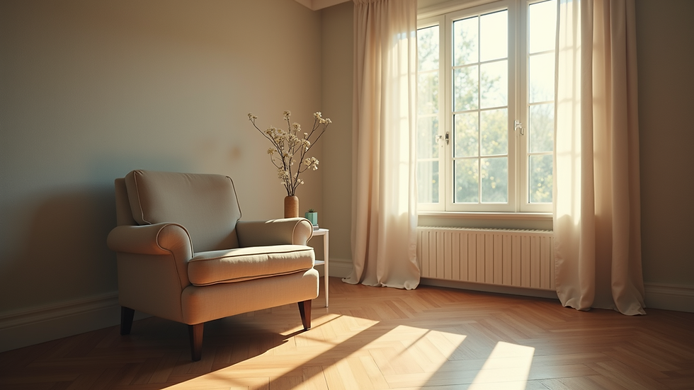 Eye-level view of a quiet room with a comfortable chair and soft lighting