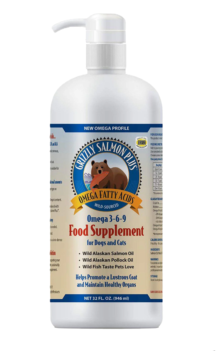 Bottle of Grizzly Salmon Plus Omega 3-6-9 Food Supplement for dogs and cats, featuring a bear logo. Highlights wild Alaskan oils.