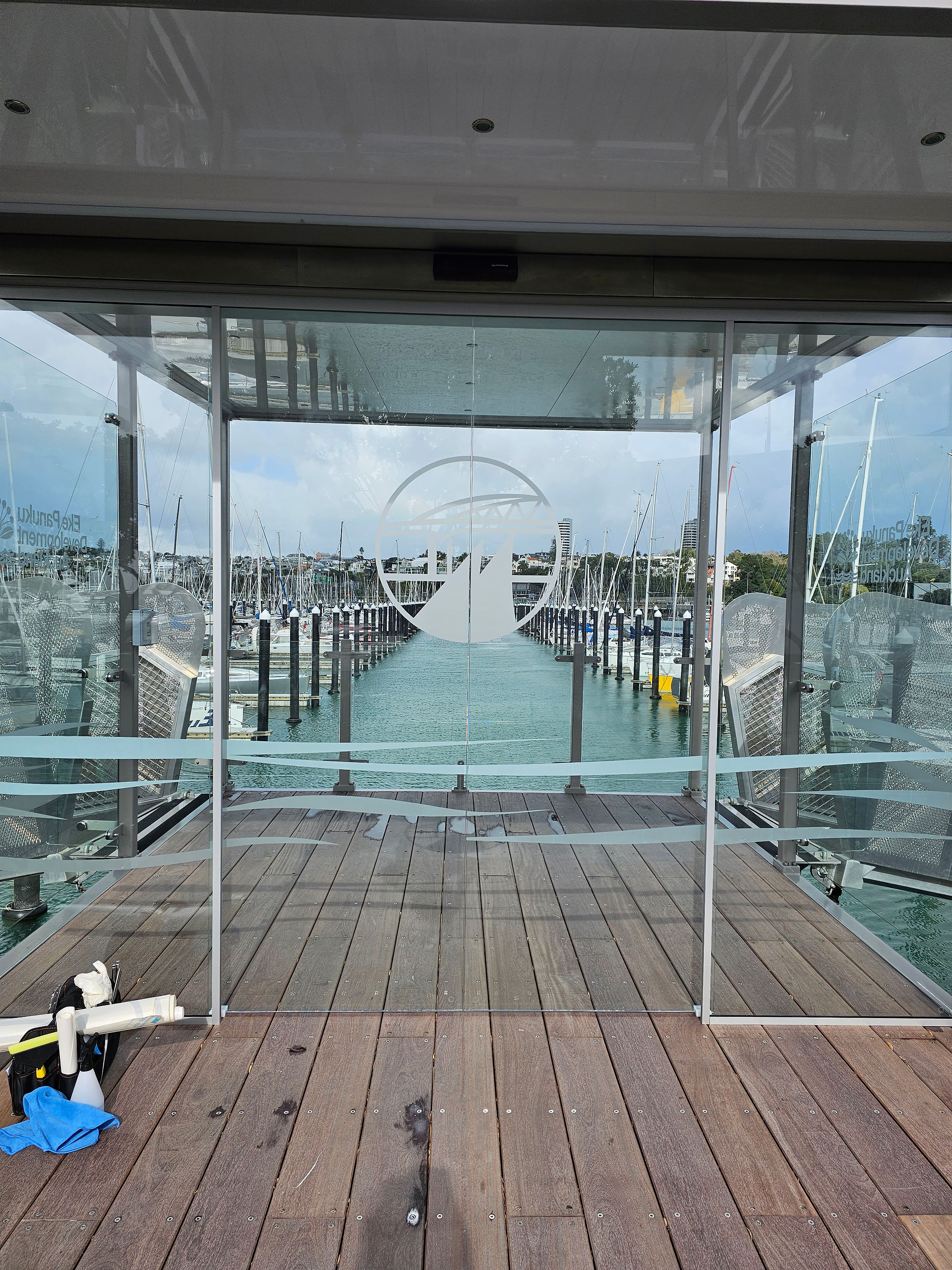 Logo graphics on glass doors