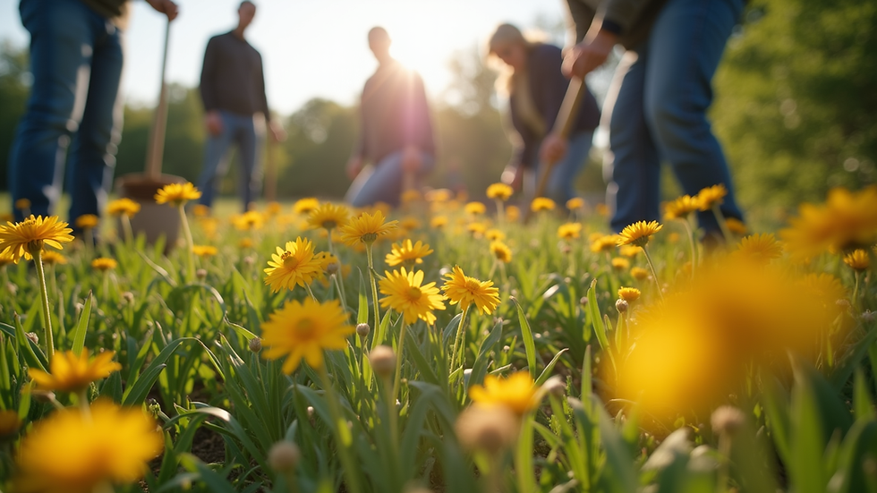 Close-up view of volunteers planting native flowers near Lake Harriet