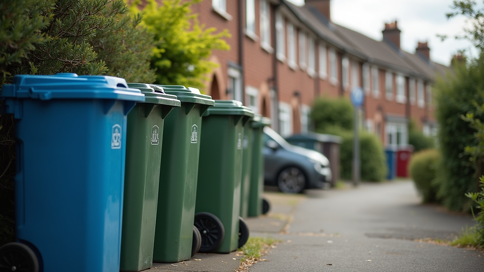 Eye-level view of a residential area with waste bins ready for collection