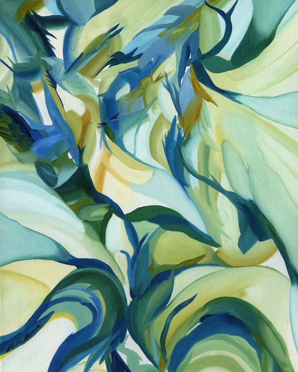 Teal abstract oil painting print with sweeping lines, inspired by the serene and weightless calm of being underwater.