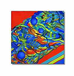Bold abstract painting "Is This Enough?" by Nicole McNamara featuring cobalt blue spheres, lime green streaks, and a vivid red background on gallery-wrapped canvas