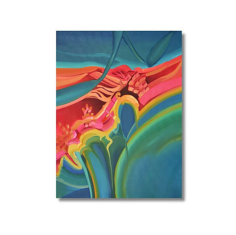 Bold abstract canvas art in red, teal, gold, and fuchsia titled “Arterial Path” by Nicole McNamara, original oil painting print