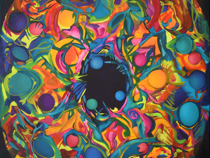 'Judging Me' abstract canvas wall art featuring a swirling explosion of vivid colors surrounding a central black void — representing perfectionism and release; canvas print from original oil painting by Nicole McNamara.