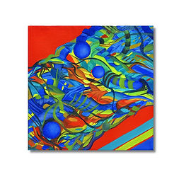 Bold abstract painting "Is This Enough?" by Nicole McNamara featuring cobalt blue spheres, lime green streaks, and a vivid red background on gallery-wrapped canvas