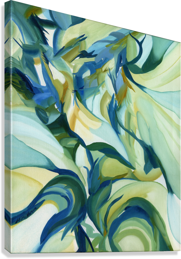 Teal abstract oil painting print with sweeping lines, inspired by the serene and weightless calm of being underwater.
