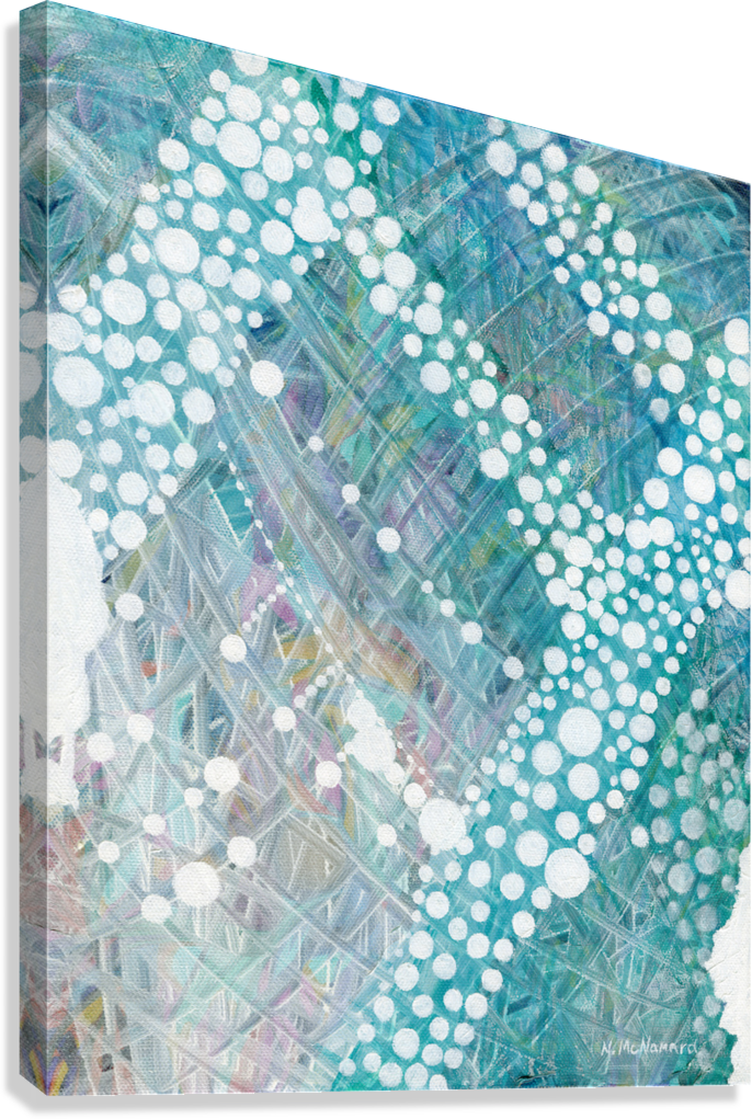 Thumbnail: White bubbles floating above pastel scaffolding on canvas