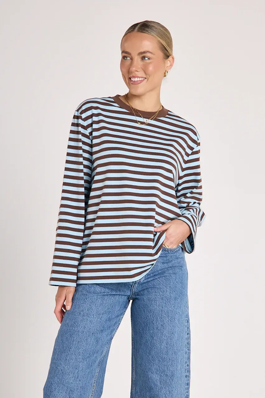Thumbnail: FEATHER & NOISE | Carter Long Sleeve Tee | Chocolate Blue Stripe