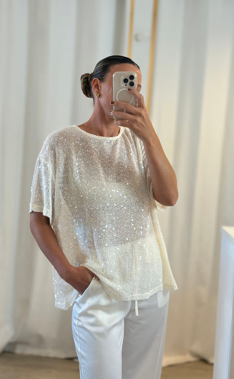 Thumbnail: BY FRANKIE | Sequin Top and Satin Pant Set | Cream