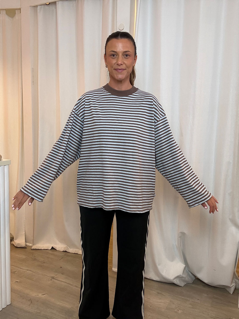 Thumbnail: ALL ABOUT EVE | Paloma Long Sleeve Stripe Tee | Ocean Blue and Mocha Stripe