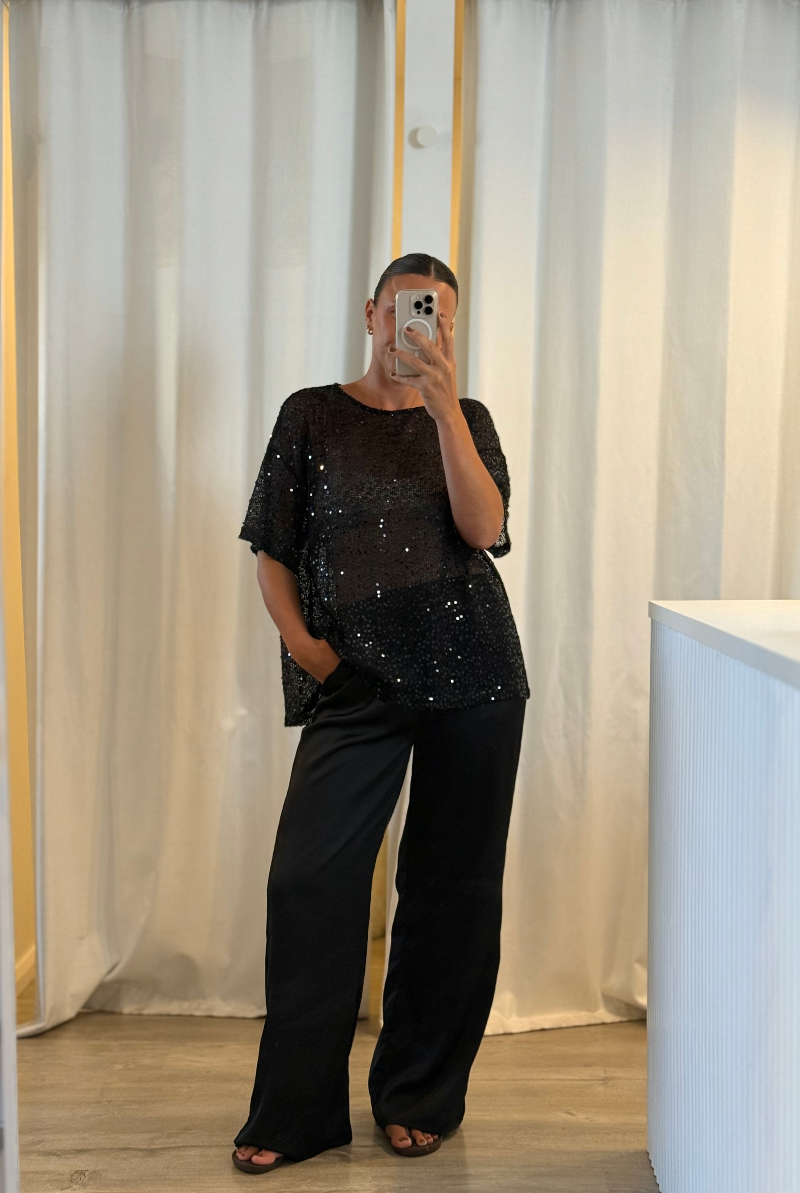BY FRANKIE | Sequin Top and Satin Pant Set | Black
