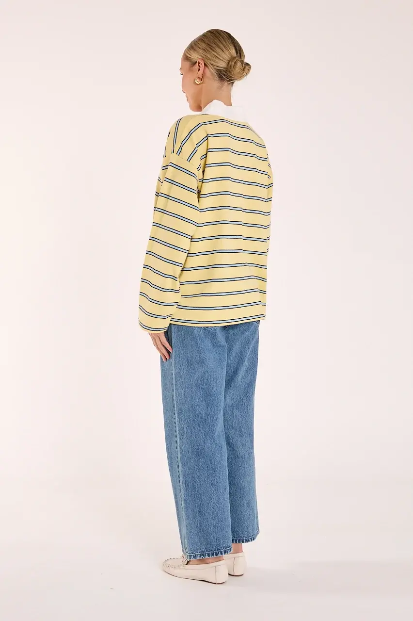 Thumbnail: FEATHER & NOISE | Finn Long Sleeve Rugby Top | Butter Blue Stripe