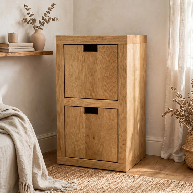Chunky rustic oak side table 2 doors with enclosed storage, handmade solid oak bespoke made to order in UK