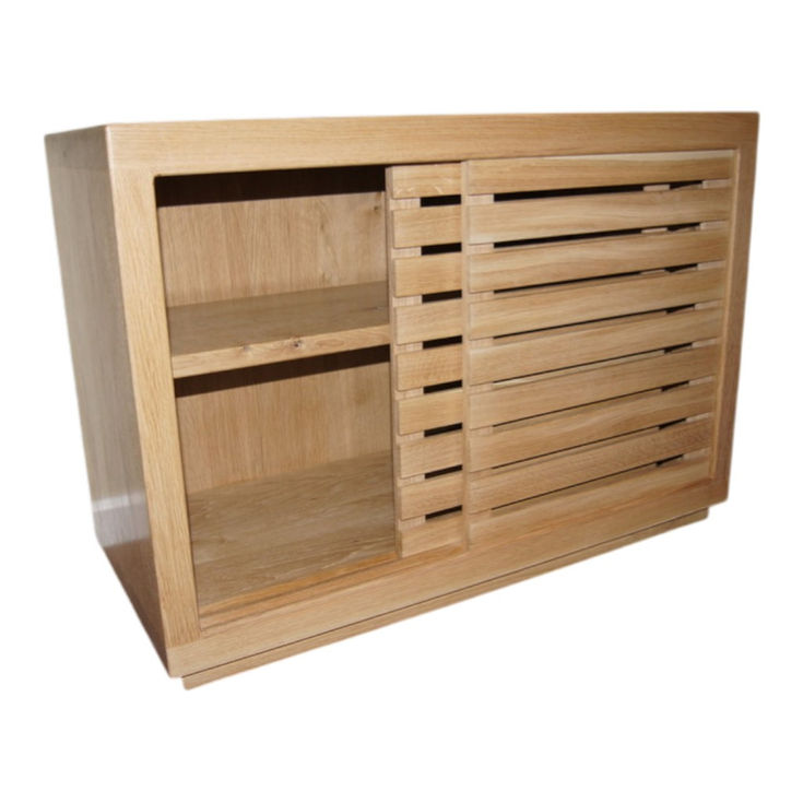 Interior shelf detail of handmade oak TV unit
