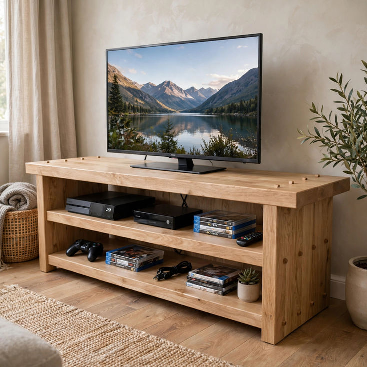 Chunky rustic oak tv stand with pegs, thick 80-100mm legs solid oak hanging storage handmade in UK, bespoke sizes