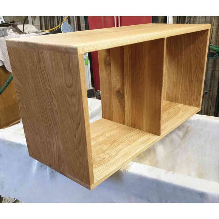 Bespoke chunky rustic oak 2-cube storage unit shown in horizontal orientation as a media stand with natural character grain.8