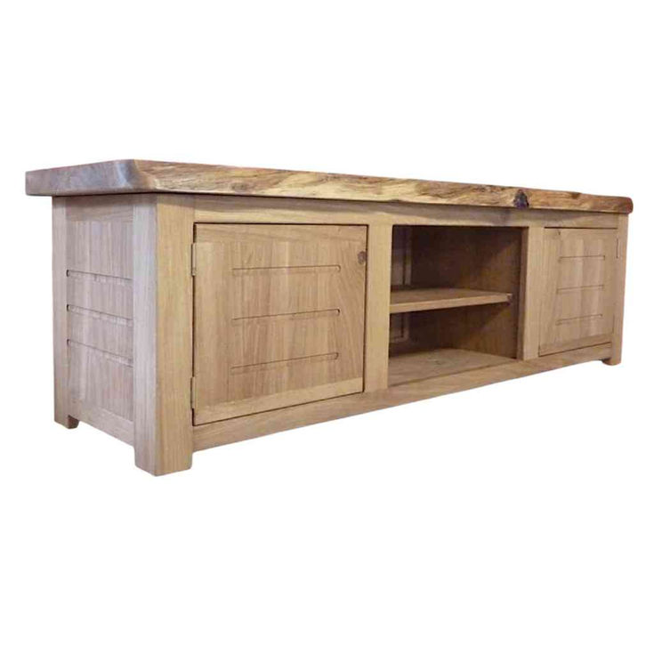 solid oak TV stand shelving detail