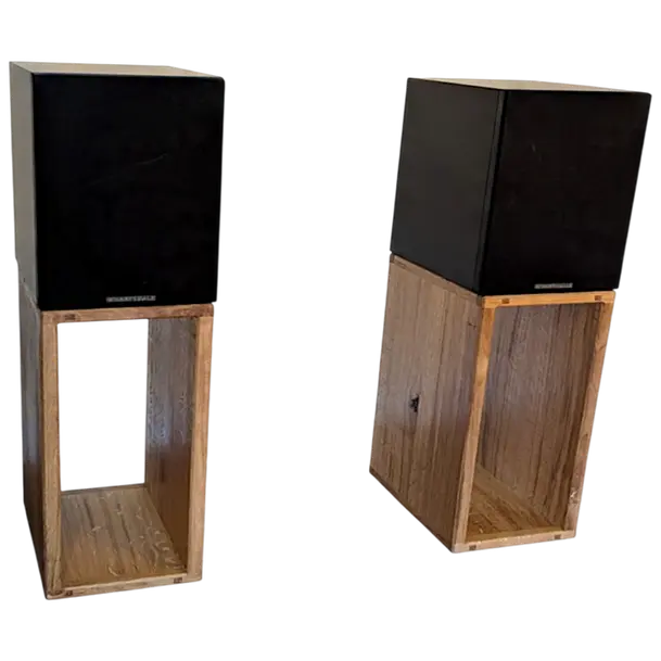 Rustic solid oak speaker stands with storage and speakers