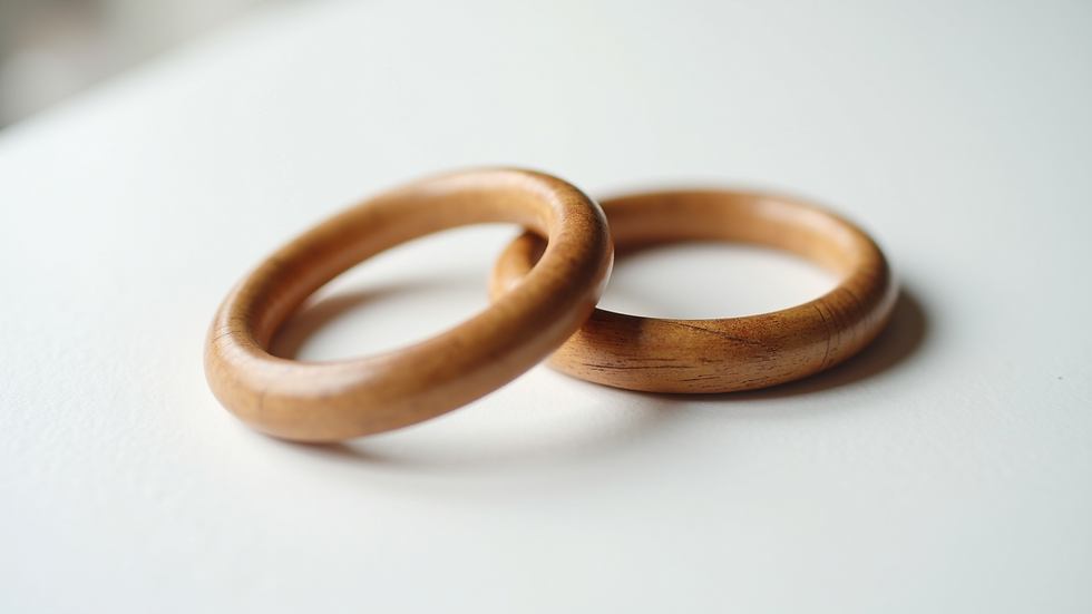 Close-up view of polished wooden hoop earrings on a white background