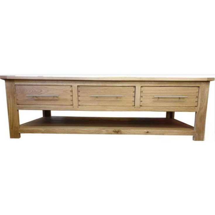 Rustic solid oak coffee table with three drawers handmade UK living room furniture front view