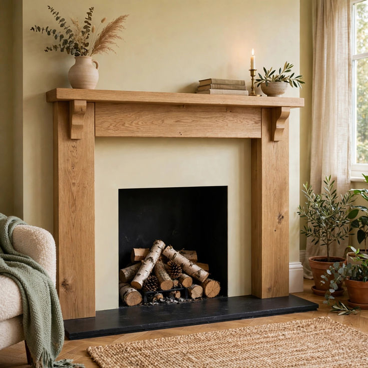 Rustic oak fire surround with corbels and mantel beam, handmade solid oak bespoke made to order in UK
