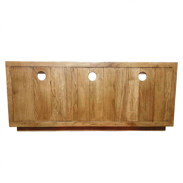 chunky rustic oak TV stand with shelf and 2 slatted doors rear view