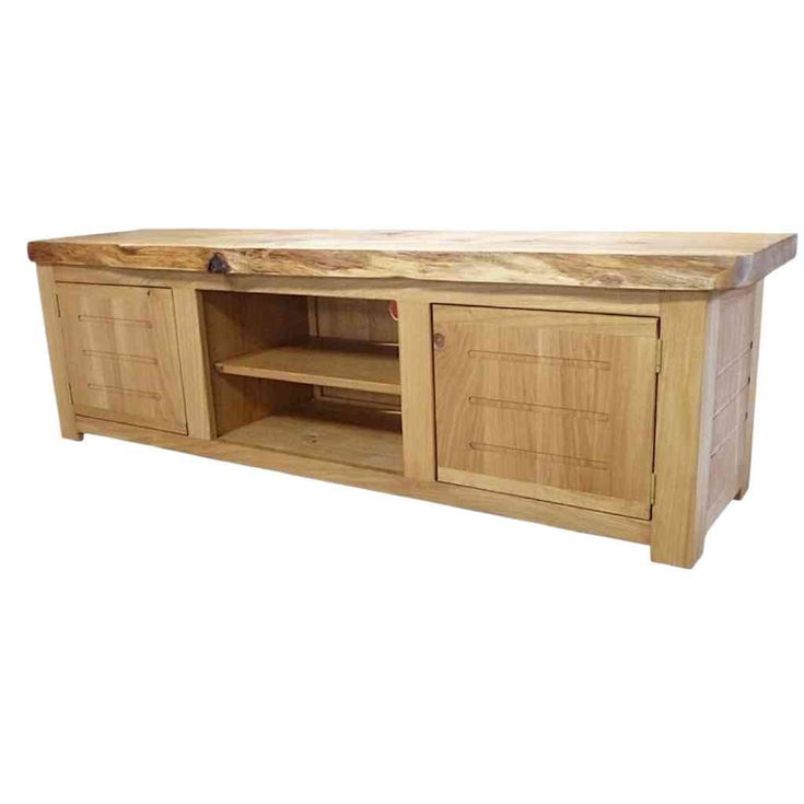 rustic oak TV stand in living room setting