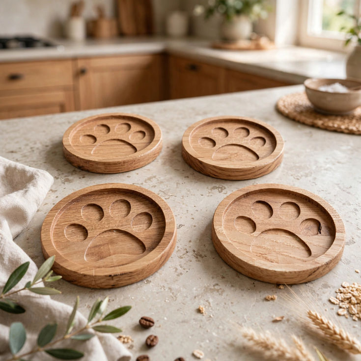 Rustic Oak Cat Paw Coasters custom made from solid oak