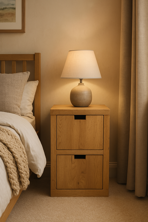 Solid Oak Rustic Bedside Table with 2 Doors in a bedroom
