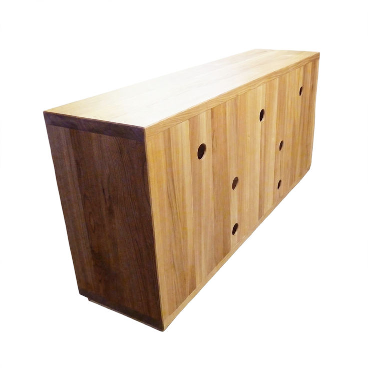 chunky rustic oak TV stand with 5 compartments rear view