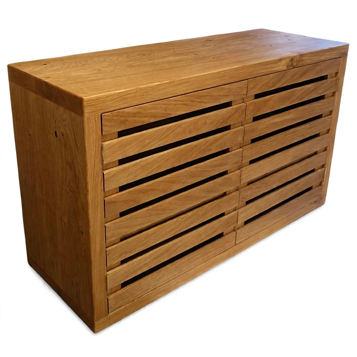 bespoke rustic oak slatted 2 door TV stand left side view