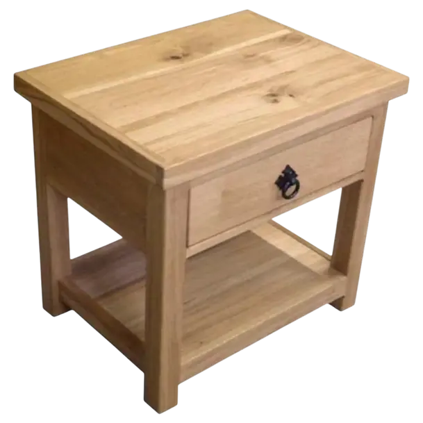 Solid oak side table with drawer and shelf, angled view
