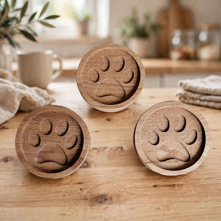Rustic Oak Cat Paw Coasters handmade from solid oak