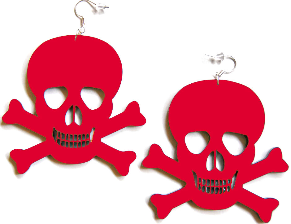 Thumbnail: Red Handmade acrylic pirate skull dangle earrings gothic alternative jewellery UK