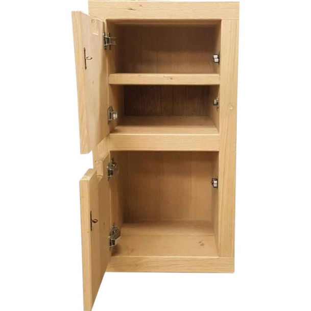 View of the two large storage compartments inside the oak bedside cabinet