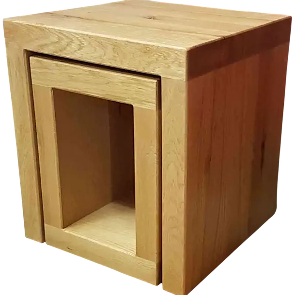 Solid oak rustic cube side table in living room setting