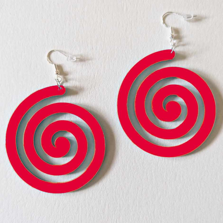 Thumbnail: Red Handmade acrylic spiral hoop earrings lightweight modern statement jewellery