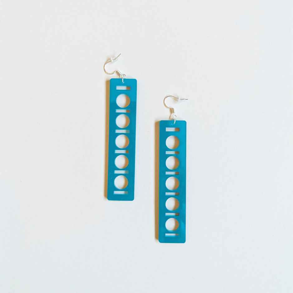 Thumbnail: Turquoise Acrylic Modern Ladder Dangle Earrings, a long geometric laser-cut ladder design on 925 sterling silver hooks.