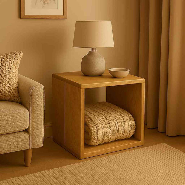 Minimalist rustic oak end table for books and storage baskets