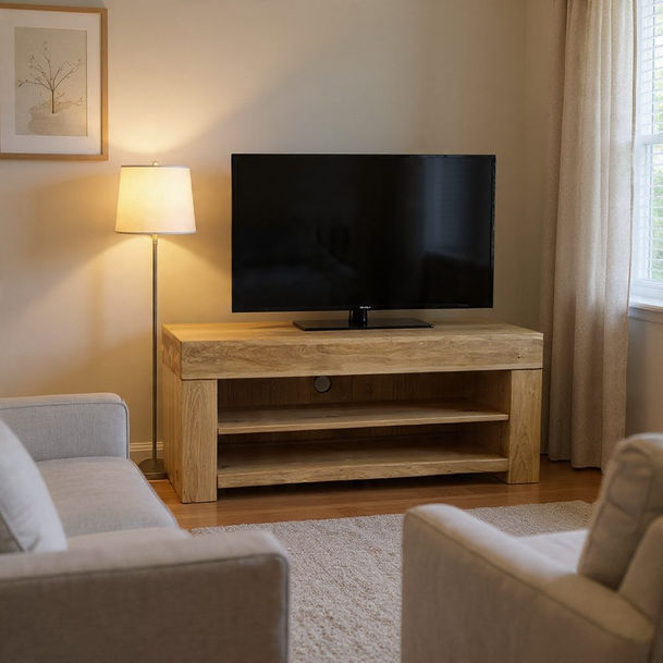 handmade rustic solid oak tv unit in a living room