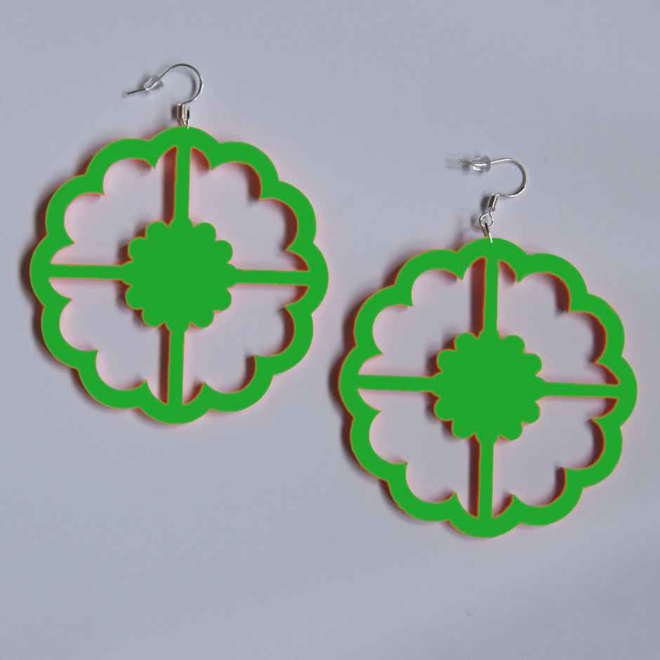Thumbnail: Green Acrylic Circular Cross Dangle Earrings, a large laser-cut cross within a circular frame on 925 sterling silver hooks.